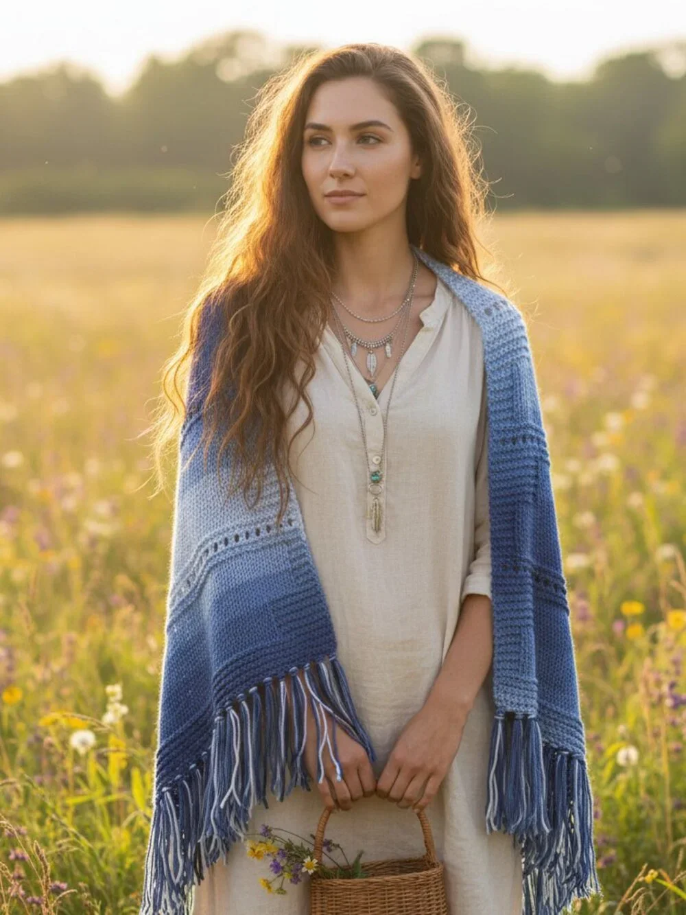 NEW Blue‎ Ombre Knit Shawl Wrap Eyelet Scarf Boho Hippie Coastal Cottage Indie